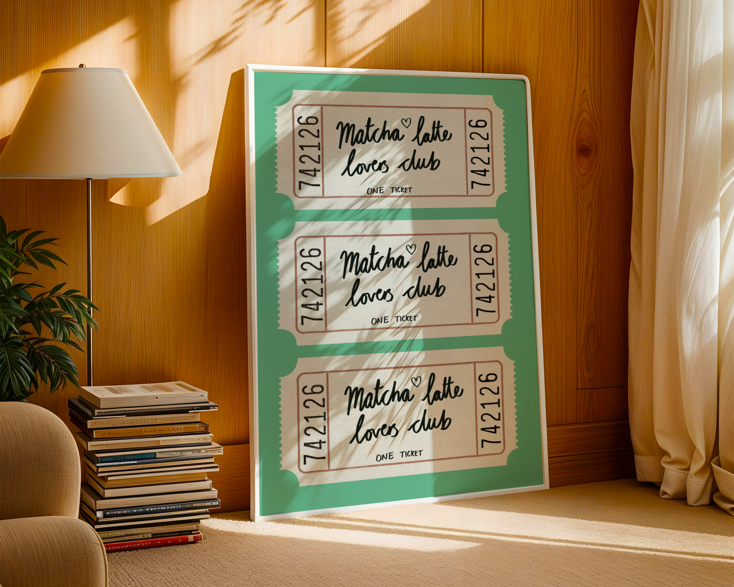 'Matcha Latte Lovers Club' Ticket Art Print – Illustrated Kitchen Wall Decor in Jade Green & Cream