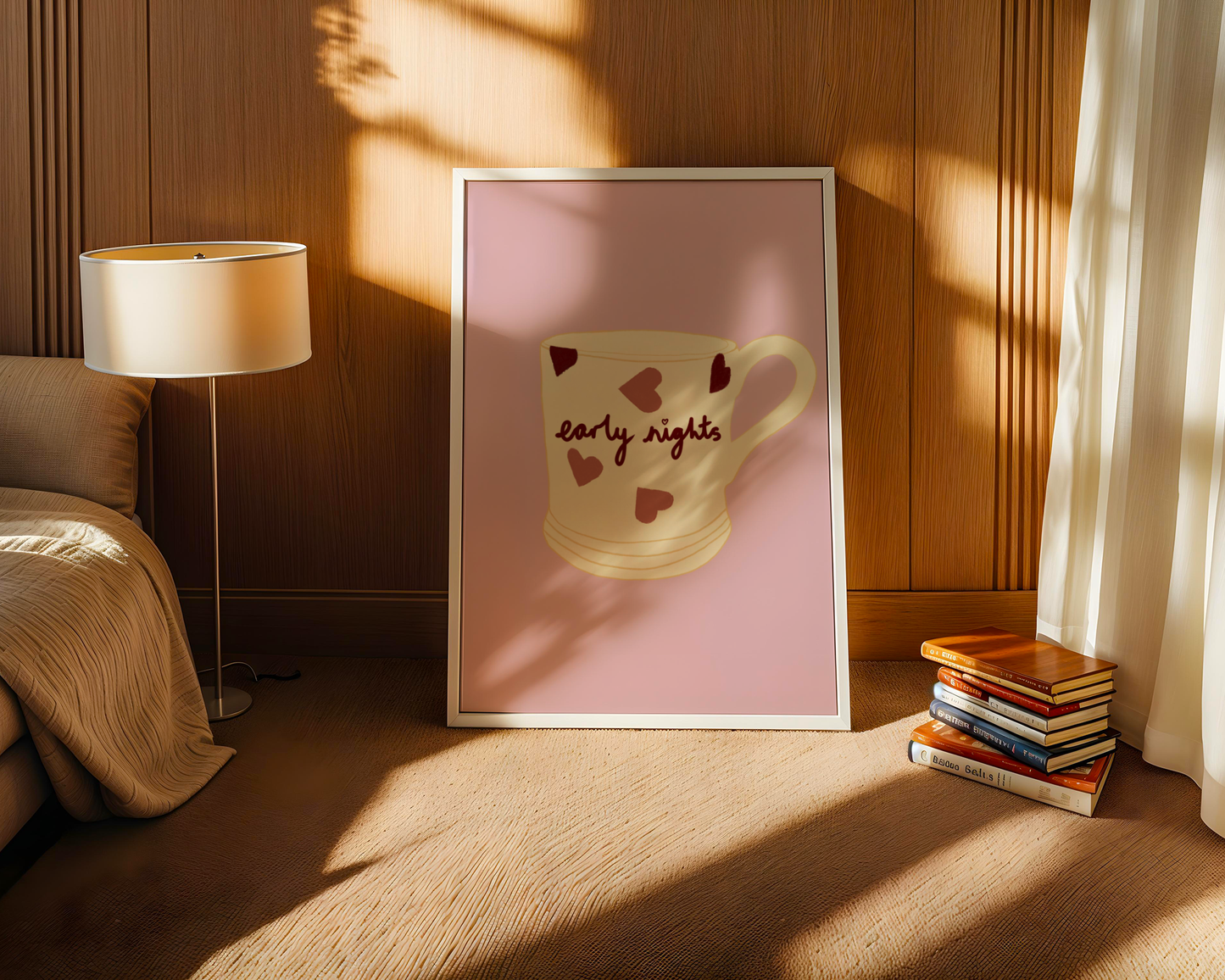 'Early Nights' Art Print Cosy Mug Wall Art | Blush Pink Heart Print | Cute Bedroom Decor | Whimsical Illustration Poster