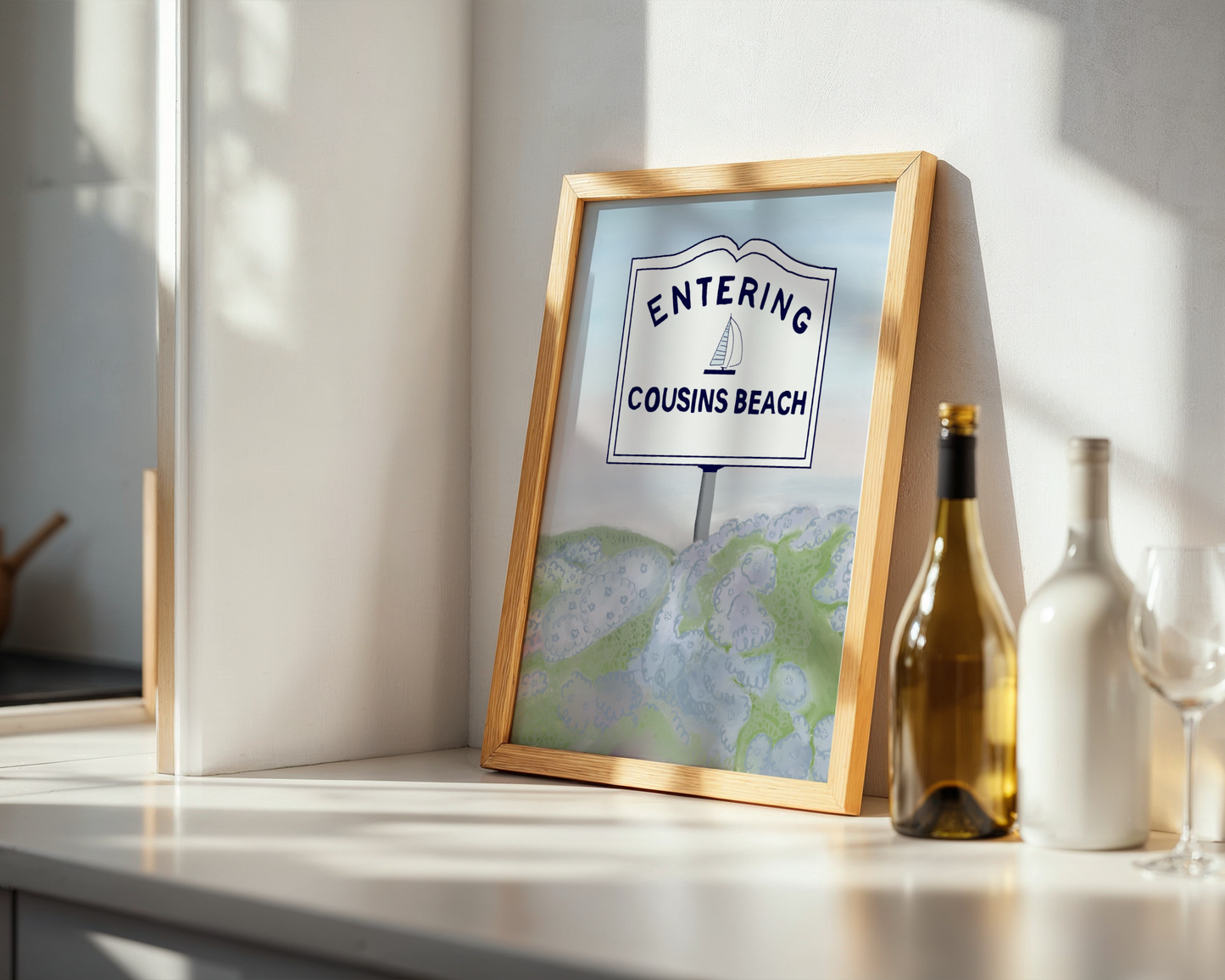 'Entering Cousins Beach' Art Print – Illustrated Coastal Wall Decor in Navy & Soft Watercolour
