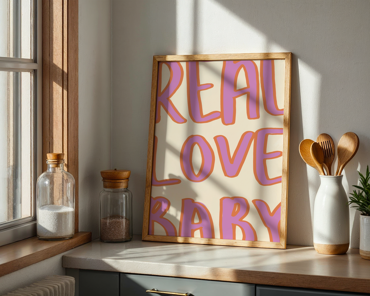 'Real Love Baby' Typography Art Print – Retro Bubble Letter Wall Decor in Lilac & Tangerine