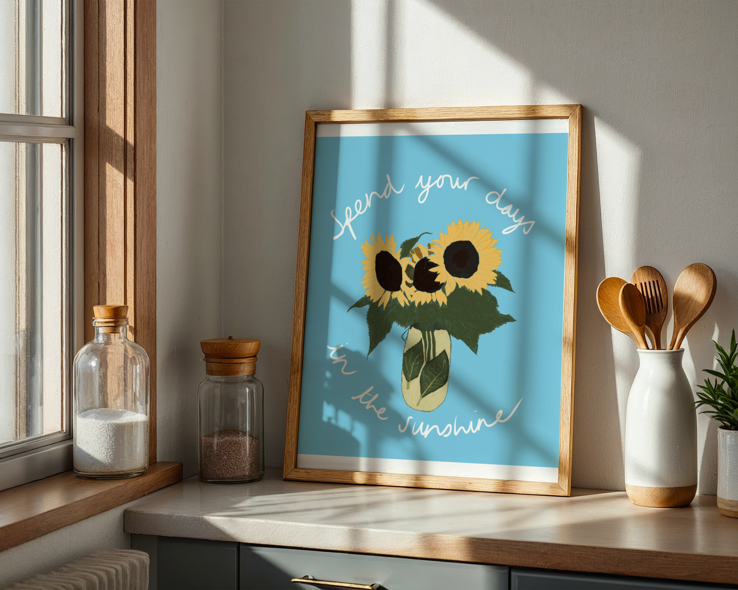 'Spend Your Days In The Sunshine' Art Print – Oasis Inspired Sunflower Wall Decor in Sky Blue & Yellow