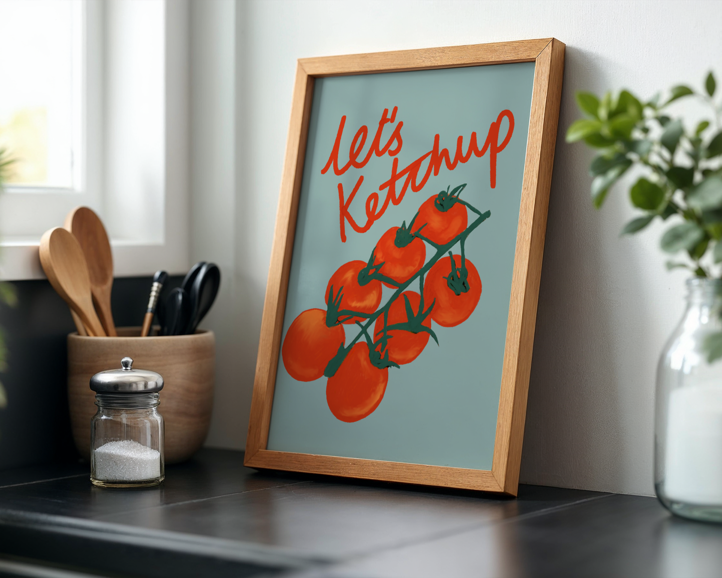 'Let's Ketchup' Art Print – Illustrated Kitchen Wall Decor in Sage Green & Tomato Red