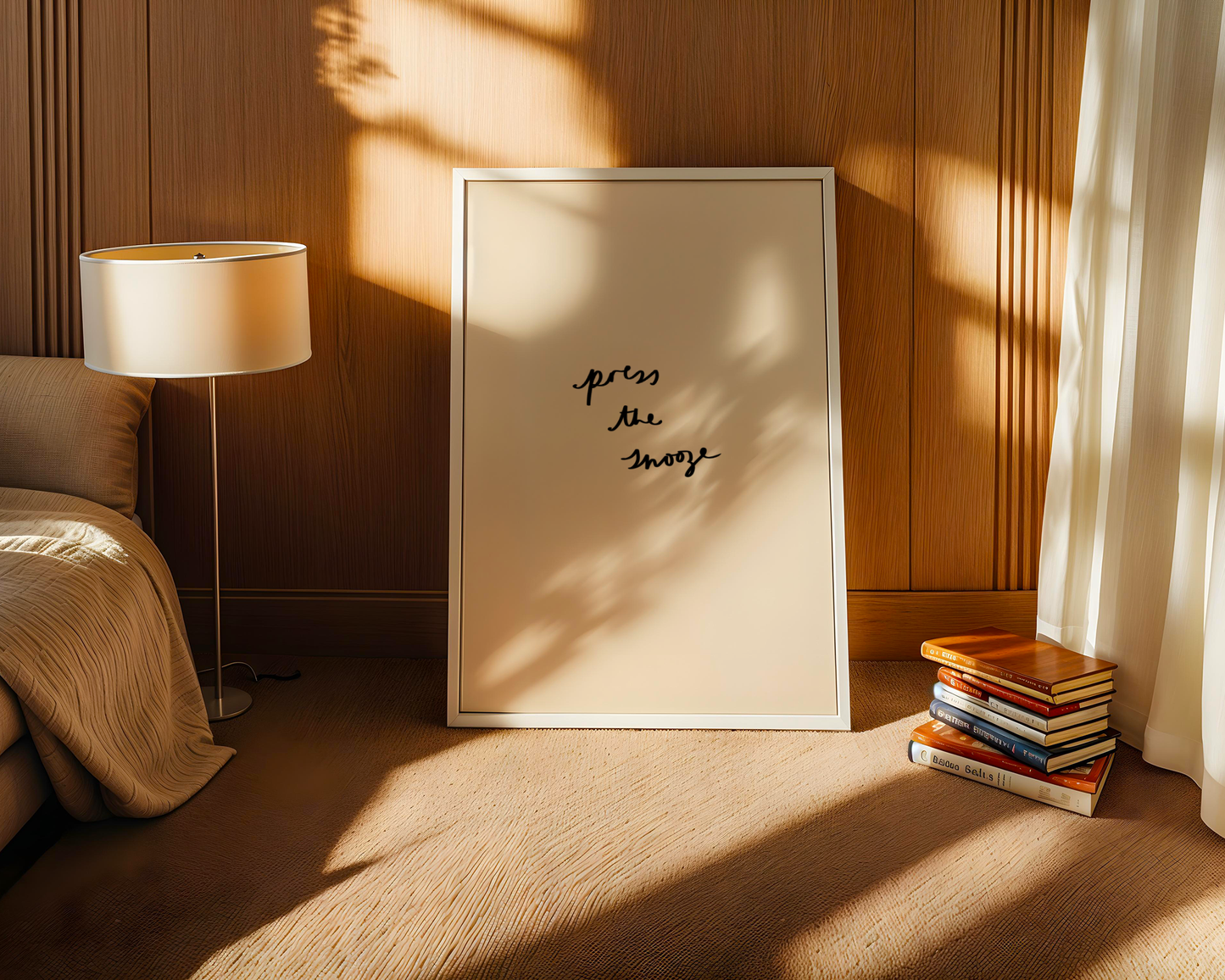 'Press the Snooze' Typography Art Print – Minimalist Bedroom Wall Decor in Cream & Black