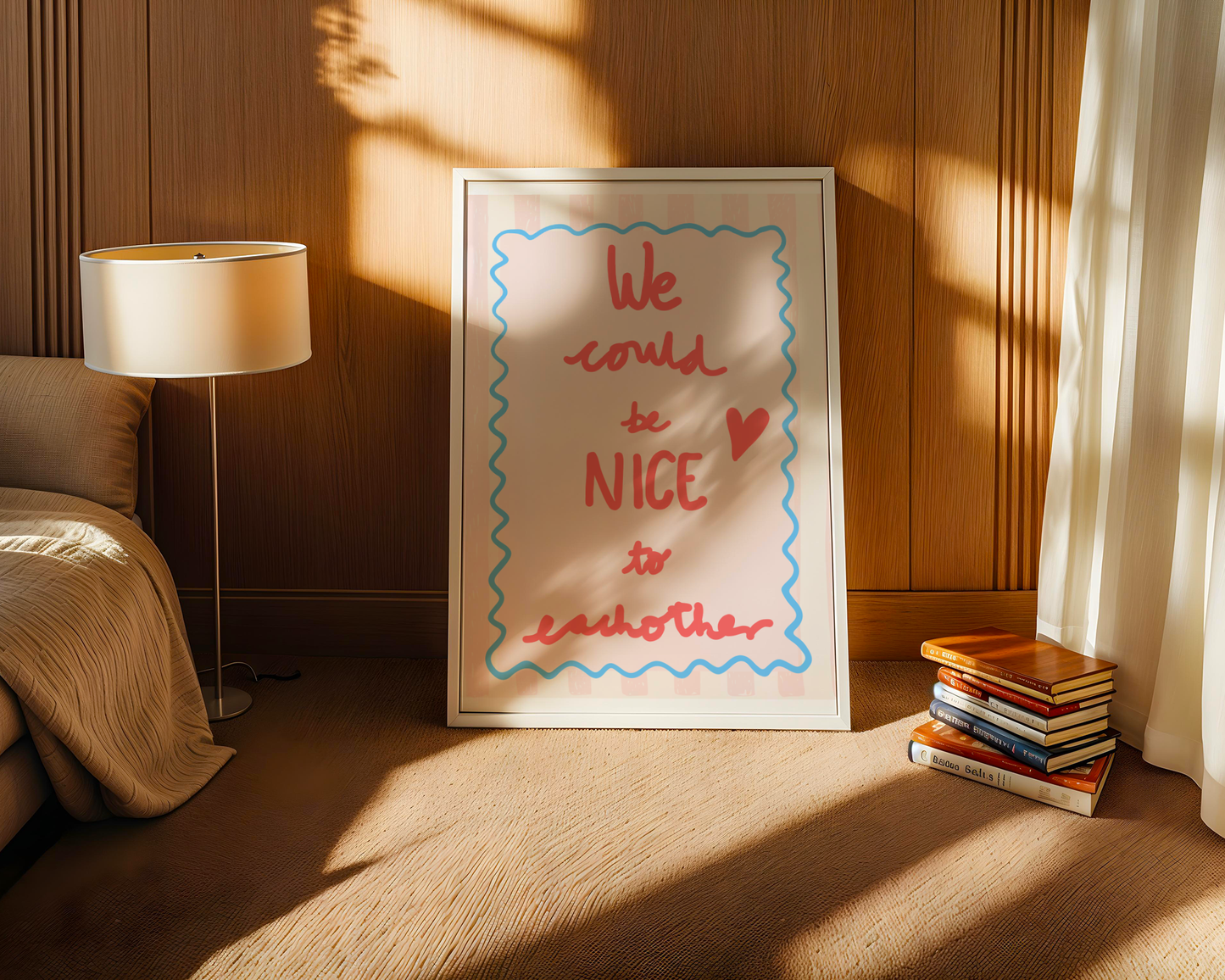 'We Could Be Nice To Each Other' Typography Art Print – Uplifting Pastel Wall Decor in Pink, Coral & Blue