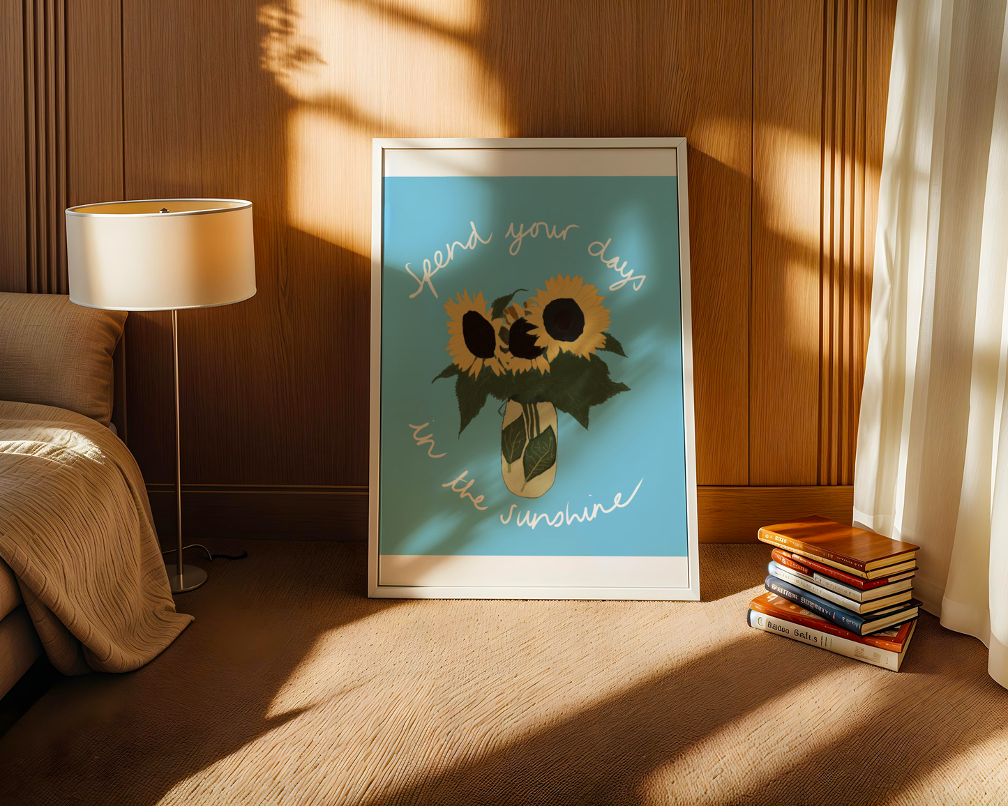 'Spend Your Days In The Sunshine' Art Print – Oasis Inspired Sunflower Wall Decor in Sky Blue & Yellow