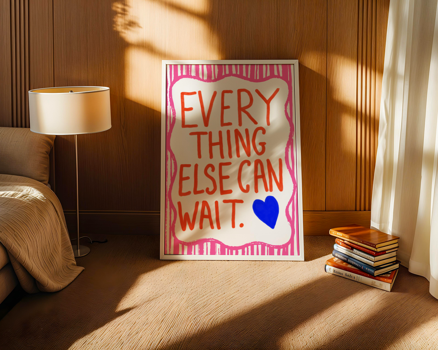 'Everything Else Can Wait' Typography Art Print – Bold Maximalist Wall Decor in Hot Pink, Orange & Cobalt
