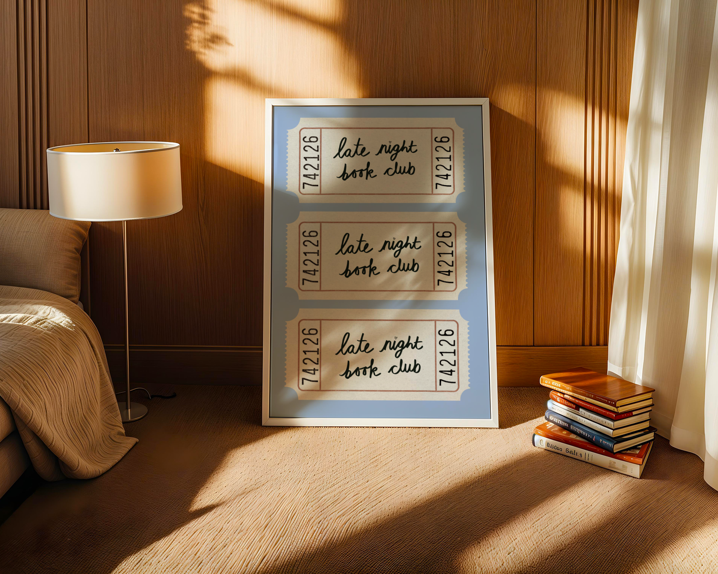'Late Night Book Club' Ticket Print: Retro Blue Literary Wall Art