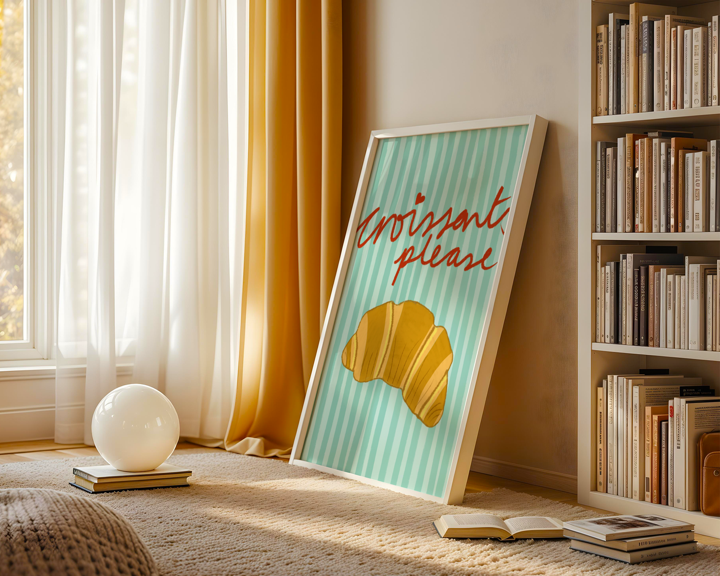 'Croissants Please' Art Print – Illustrated Kitchen Wall Decor in Mint Green & Golden Amber