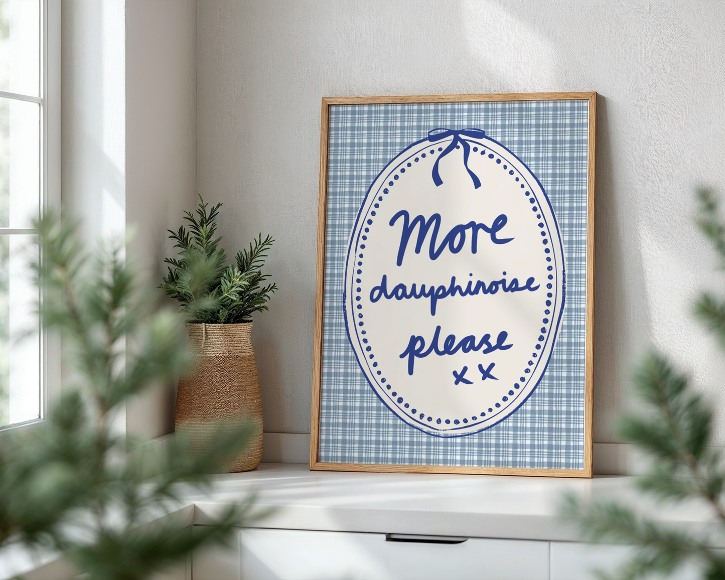'More Dauphinoise Please' Typography Art Print – Illustrated French Kitchen Wall Decor in Cornflower Blue & Cream