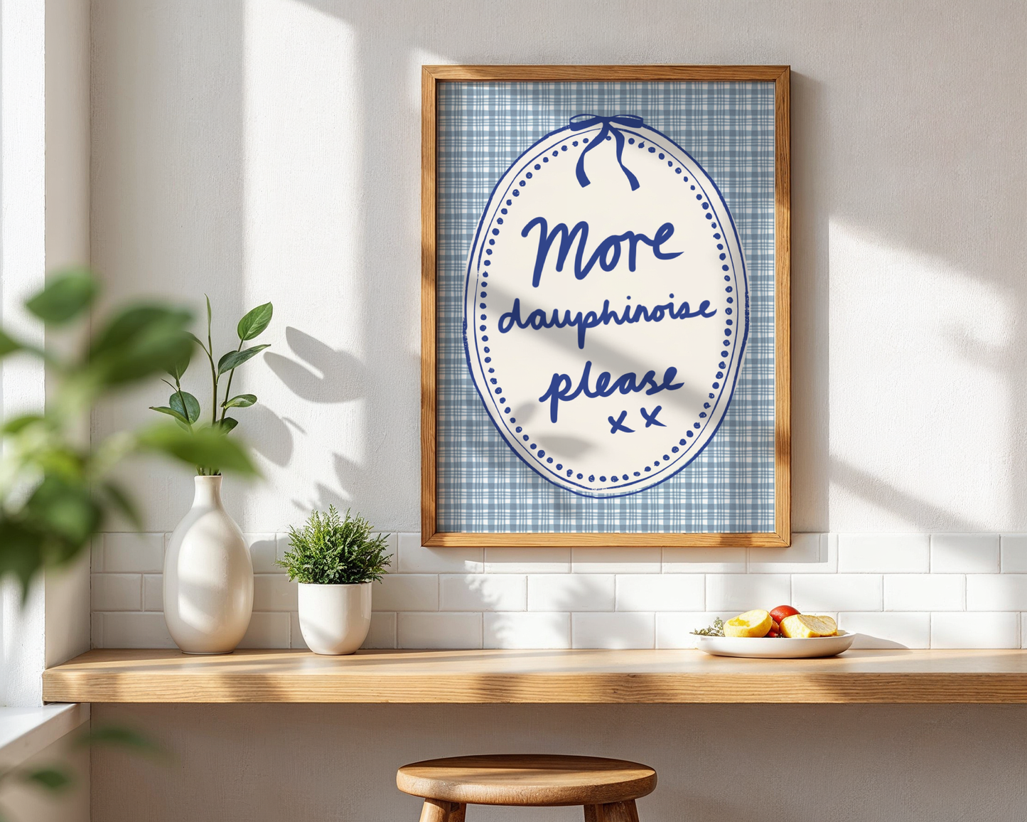 'More Dauphinoise Please' Typography Art Print – Illustrated French Kitchen Wall Decor in Cornflower Blue & Cream
