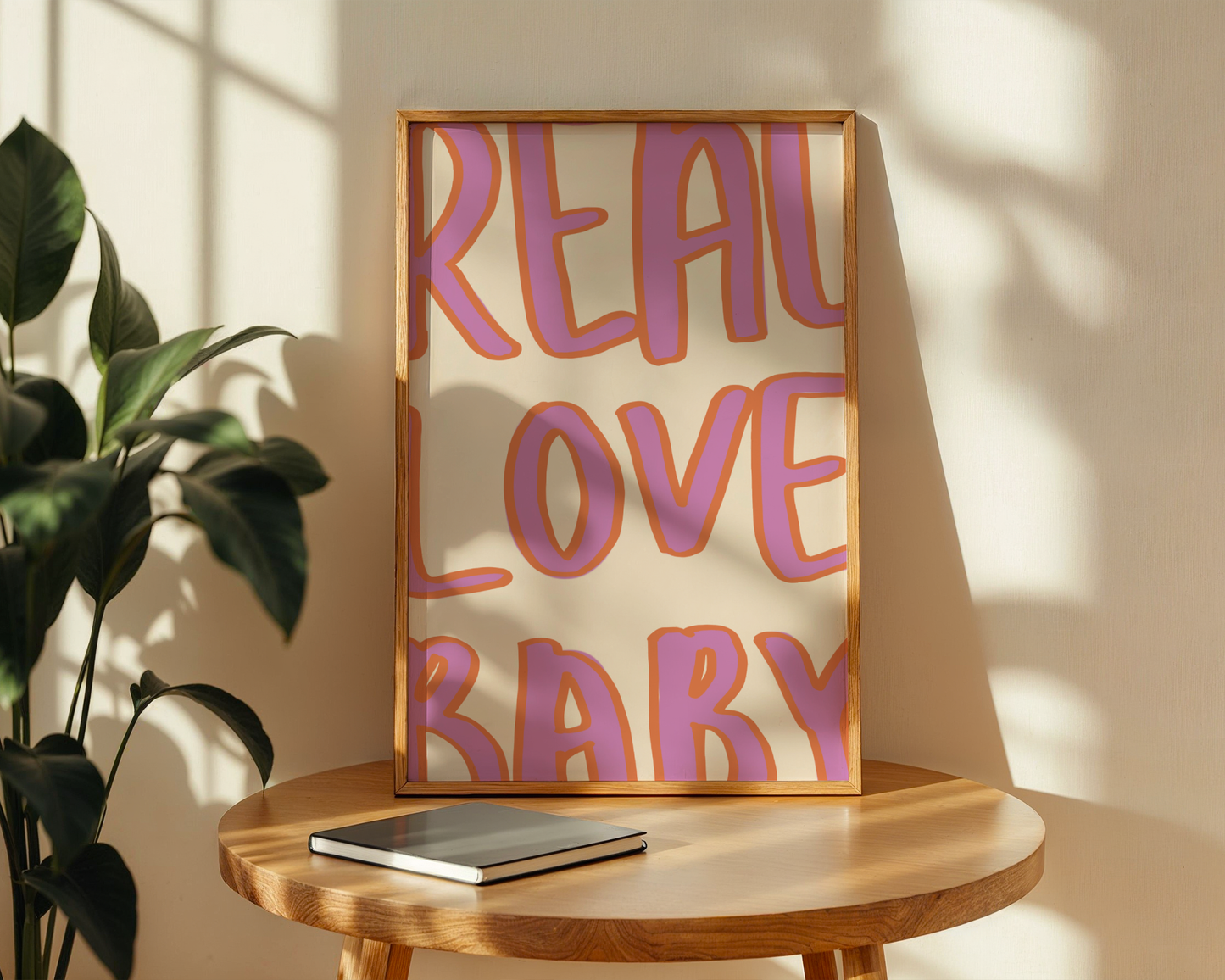 'Real Love Baby' Typography Art Print – Retro Bubble Letter Wall Decor in Lilac & Tangerine