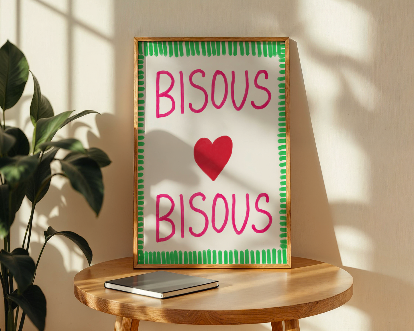 'Bisous Bisous' Typography Art Print – Bold French Kiss Wall Decor in Hot Pink & Grass Green