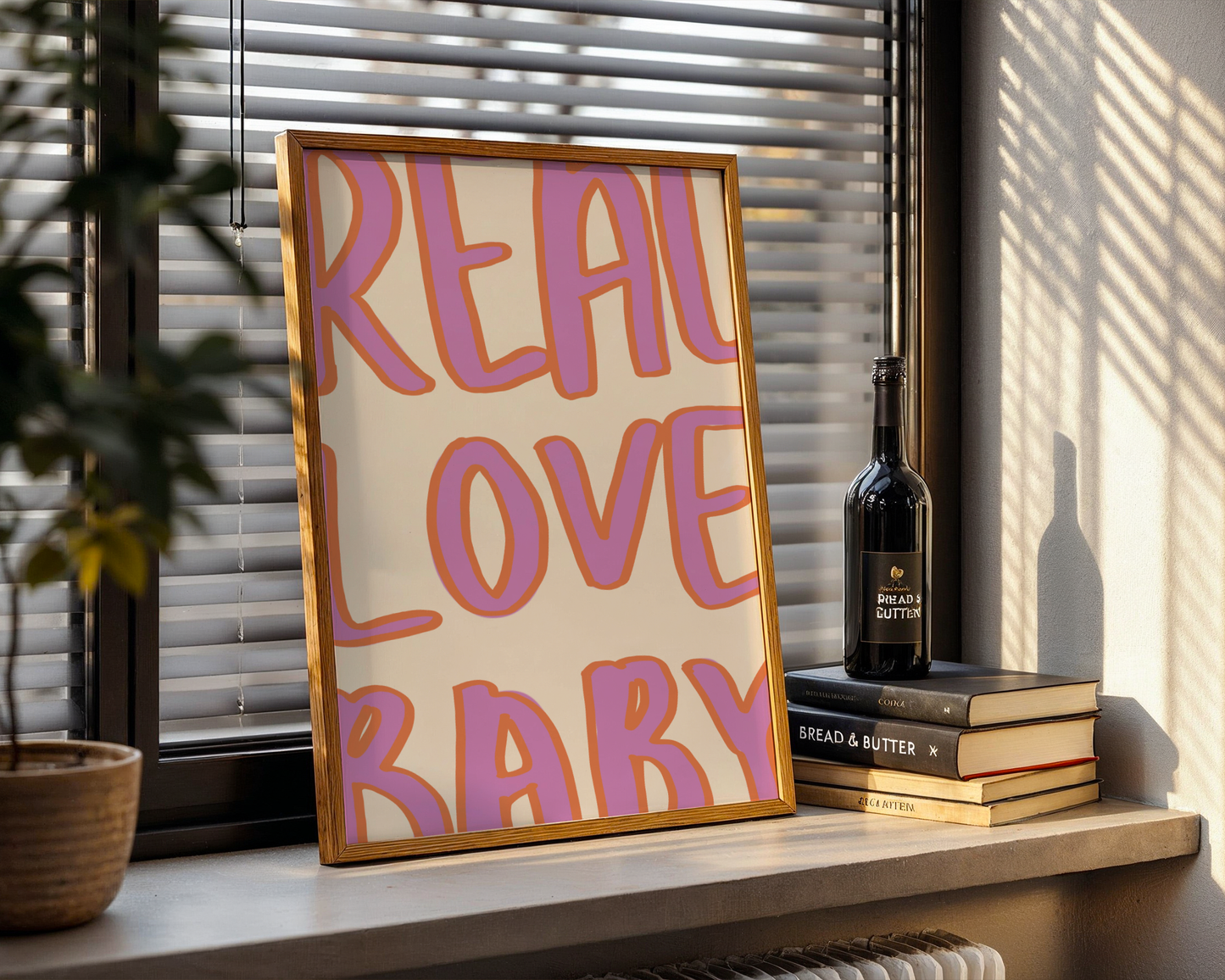 'Real Love Baby' Typography Art Print – Retro Bubble Letter Wall Decor in Lilac & Tangerine