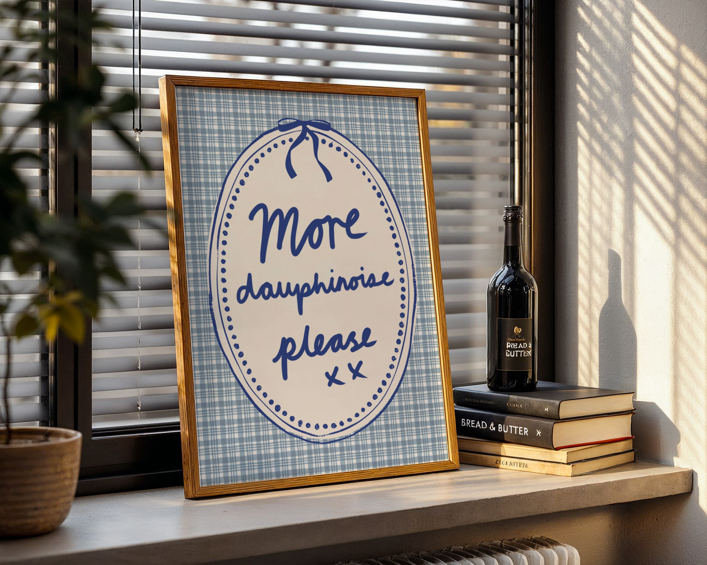 'More Dauphinoise Please' Typography Art Print – Illustrated French Kitchen Wall Decor in Cornflower Blue & Cream