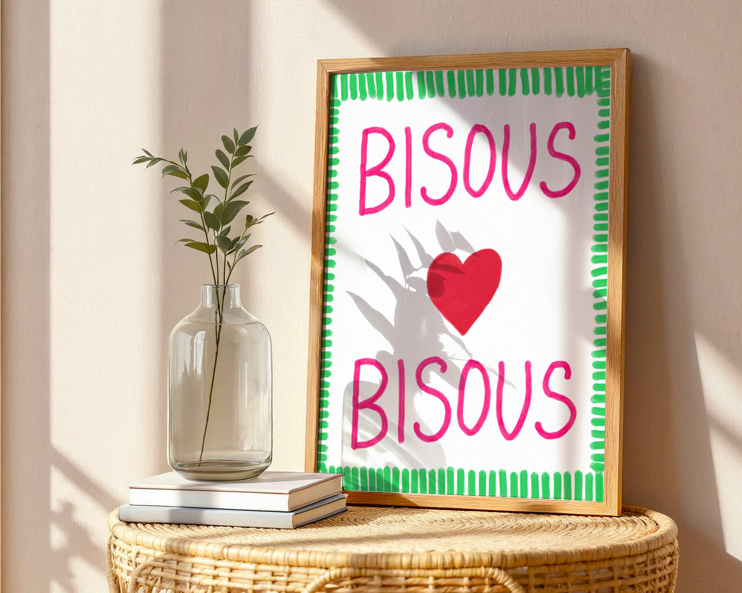 'Bisous Bisous' Typography Art Print – Bold French Kiss Wall Decor in Hot Pink & Grass Green