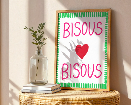 'Bisous Bisous' Typography Art Print – Bold French Kiss Wall Decor in Hot Pink & Grass Green