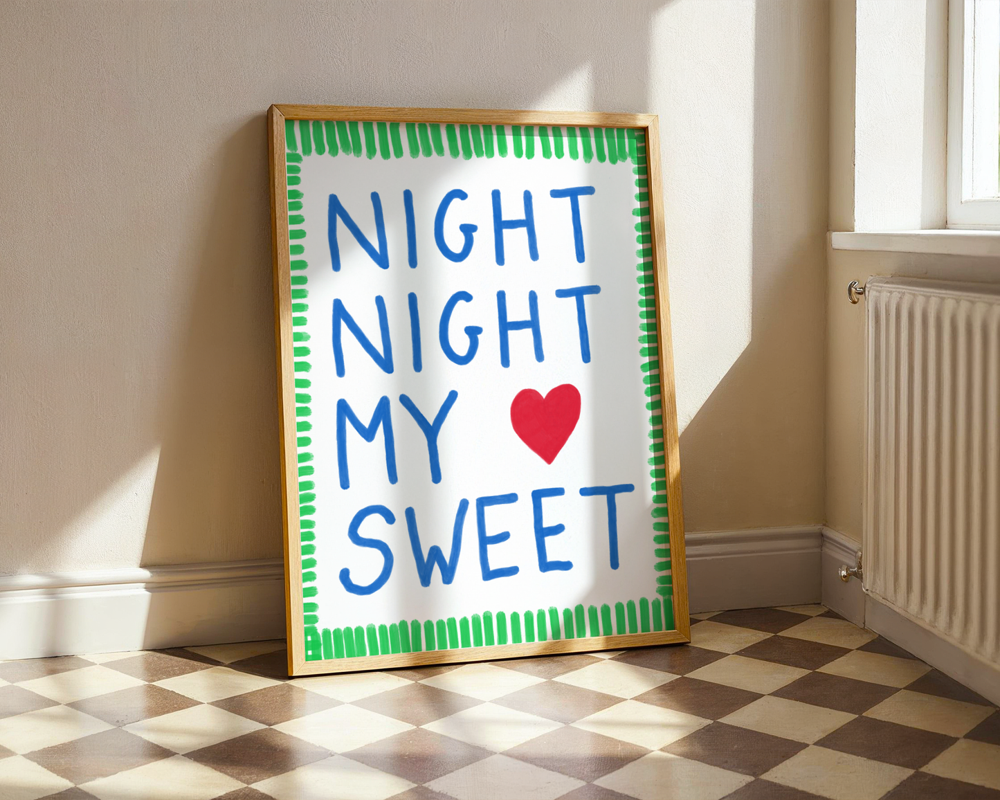 'Night Night My Sweet' Typography Art Print – Bold Nursery Wall Decor in Blue, Green & Red