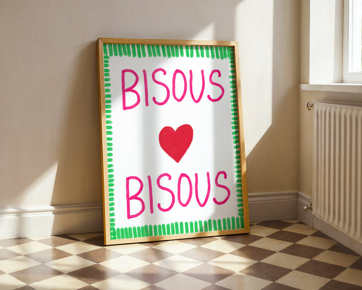 'Bisous Bisous' Typography Art Print – Bold French Kiss Wall Decor in Hot Pink & Grass Green