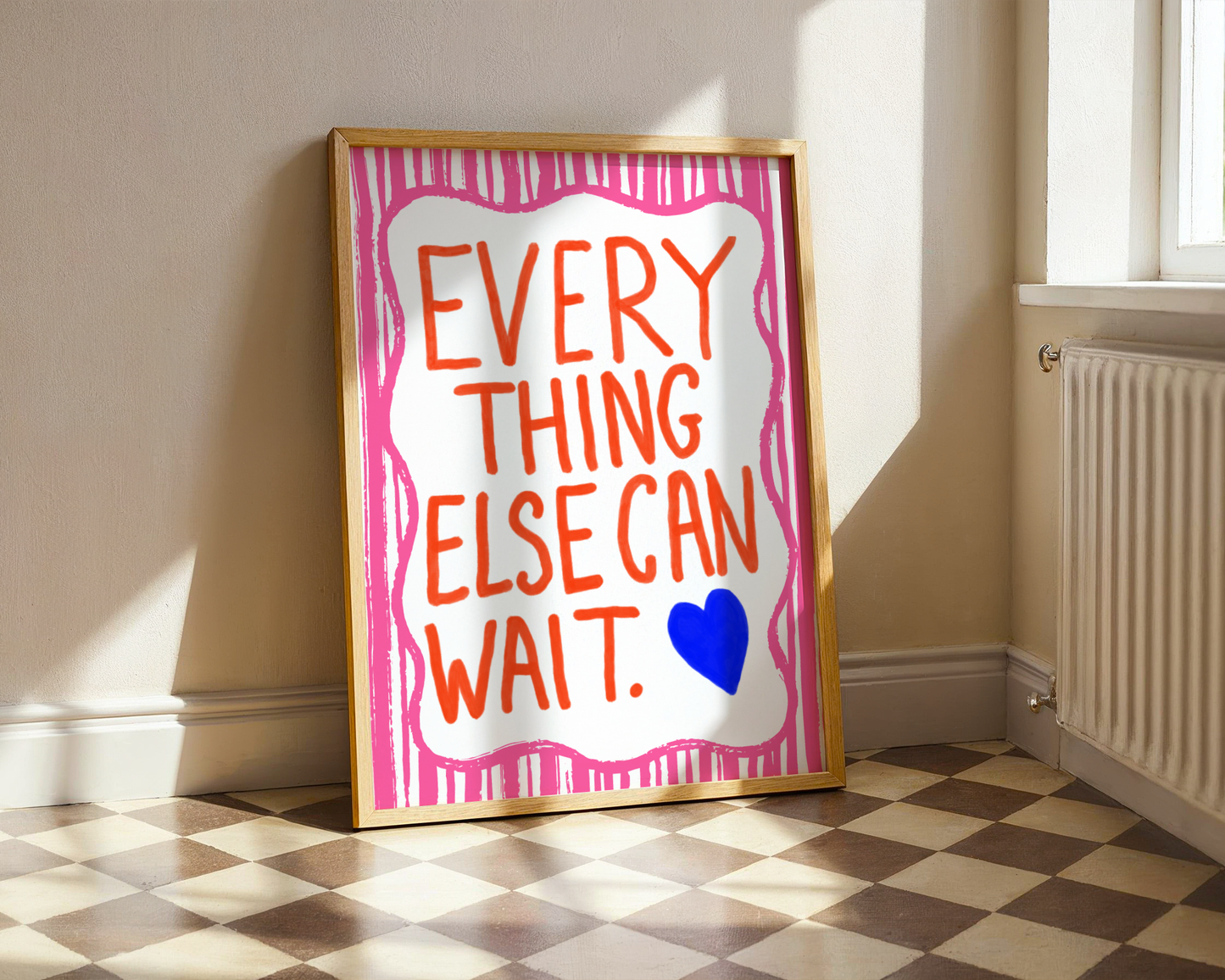 'Everything Else Can Wait' Typography Art Print – Bold Maximalist Wall Decor in Hot Pink, Orange & Cobalt