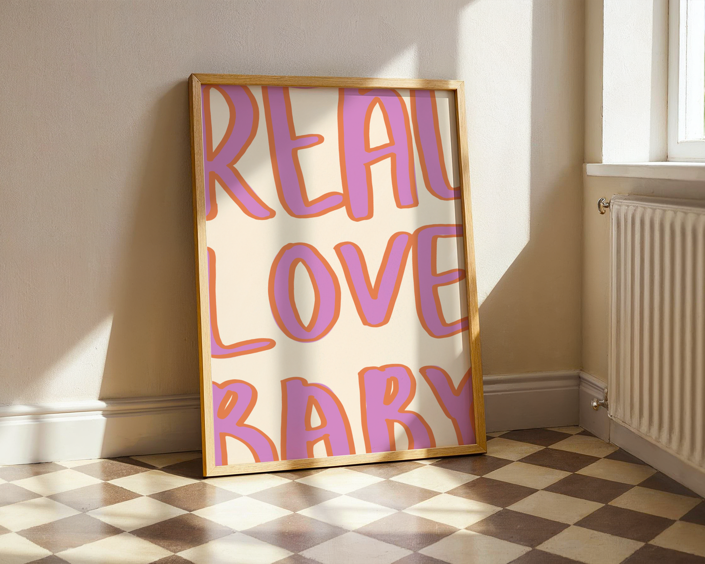'Real Love Baby' Typography Art Print – Retro Bubble Letter Wall Decor in Lilac & Tangerine