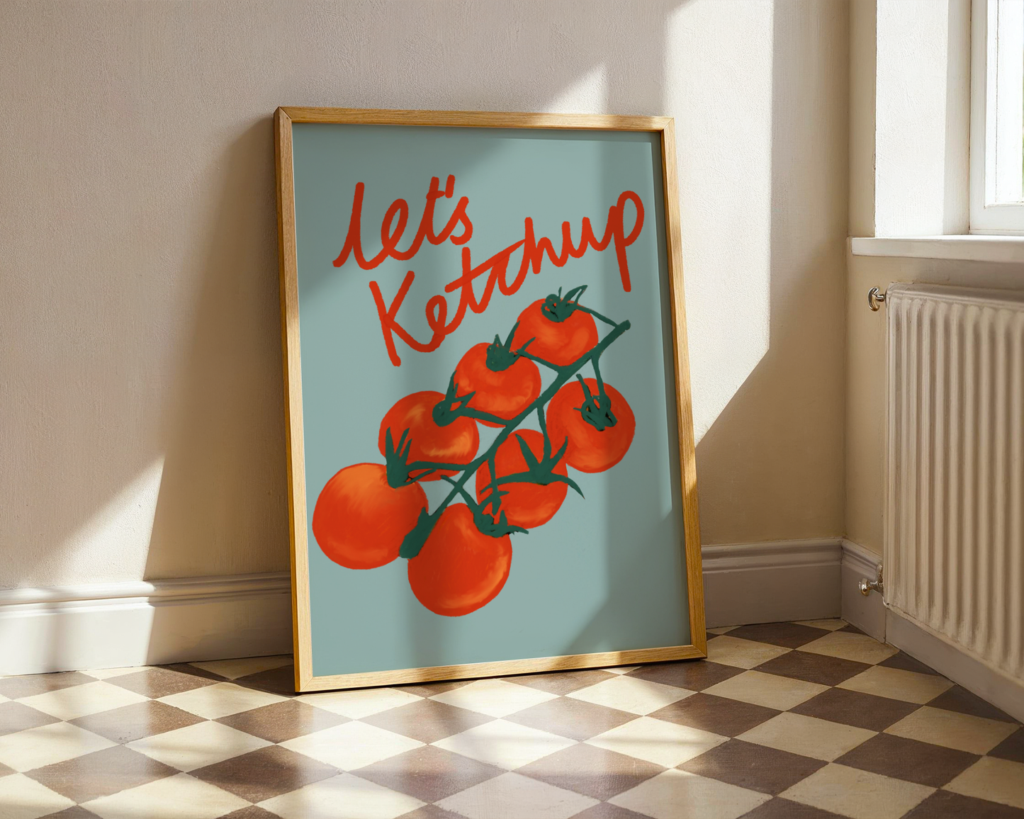 'Let's Ketchup' Art Print – Illustrated Kitchen Wall Decor in Sage Green & Tomato Red