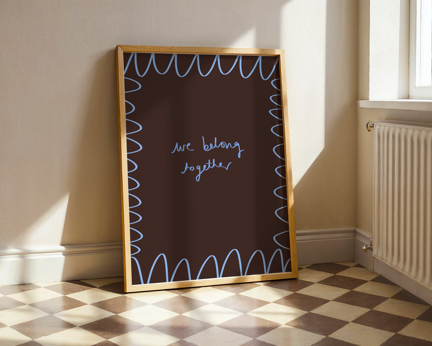 'We Belong Together' Typography Art Print – Romantic Dark Bedroom Wall Decor in Mocha & Blue