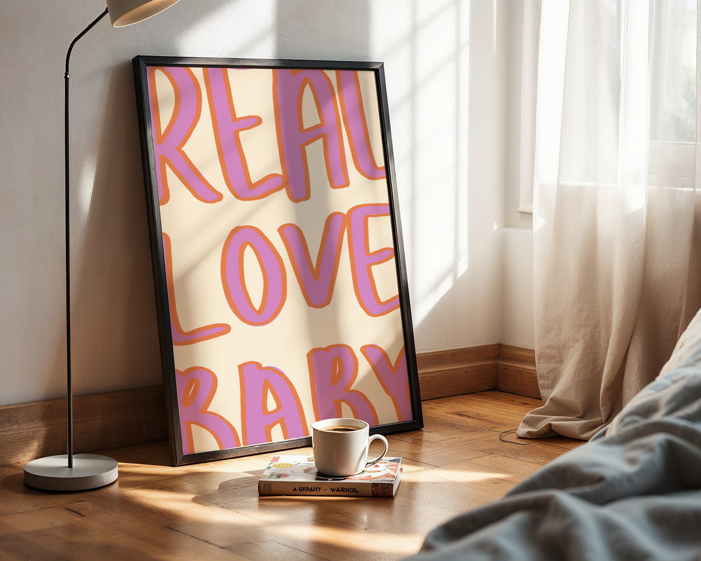 'Real Love Baby' Typography Art Print – Retro Bubble Letter Wall Decor in Lilac & Tangerine