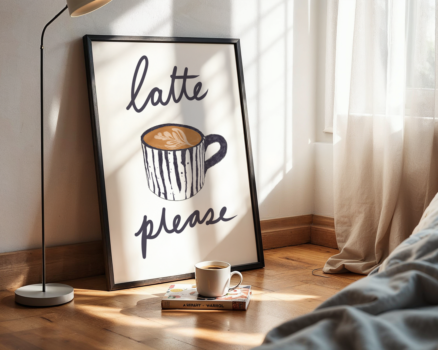 'Latte Please' Art Print – Illustrated Coffee Kitchen Wall Decor in Charcoal & Warm Cream