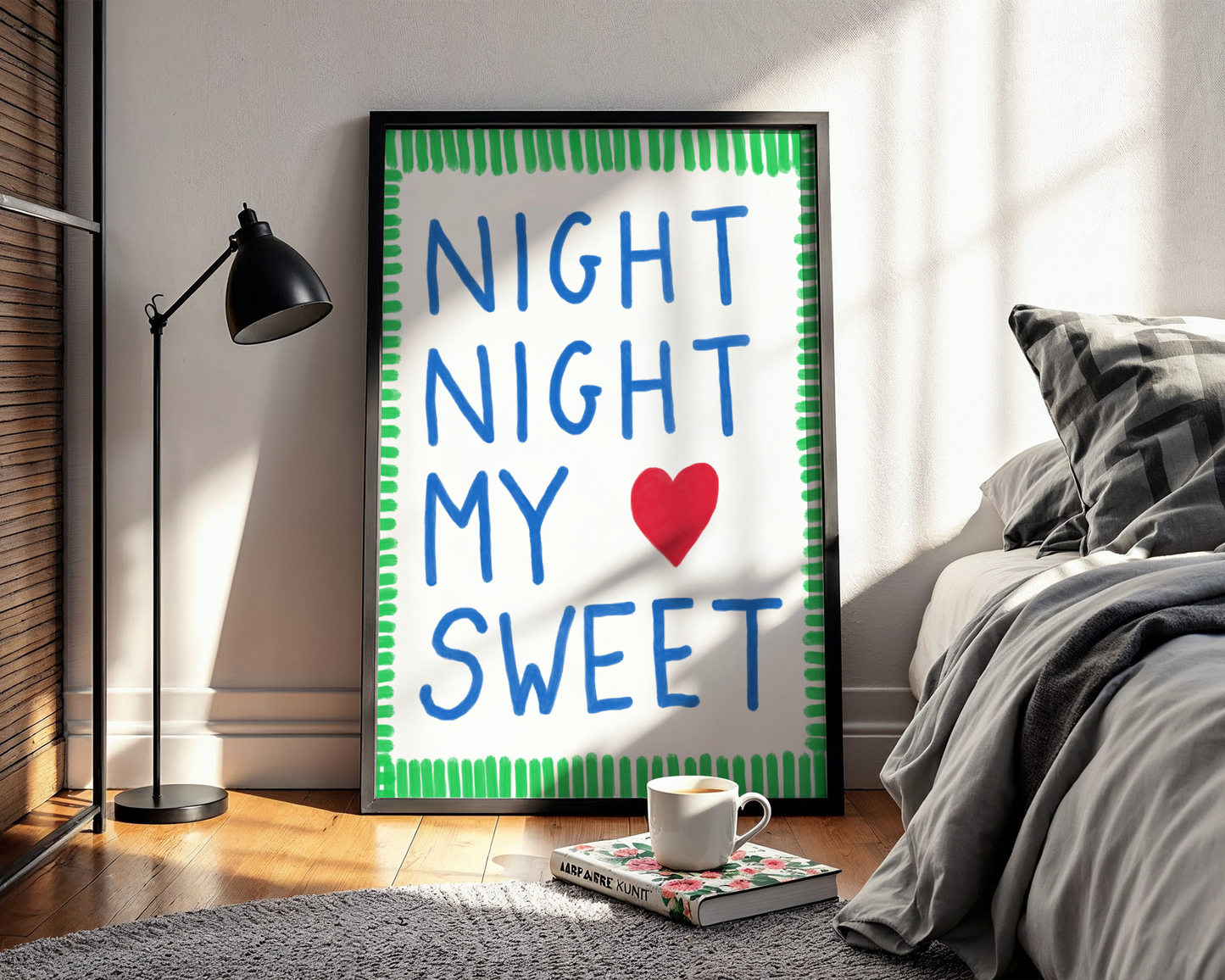 'Night Night My Sweet' Typography Art Print – Bold Nursery Wall Decor in Blue, Green & Red
