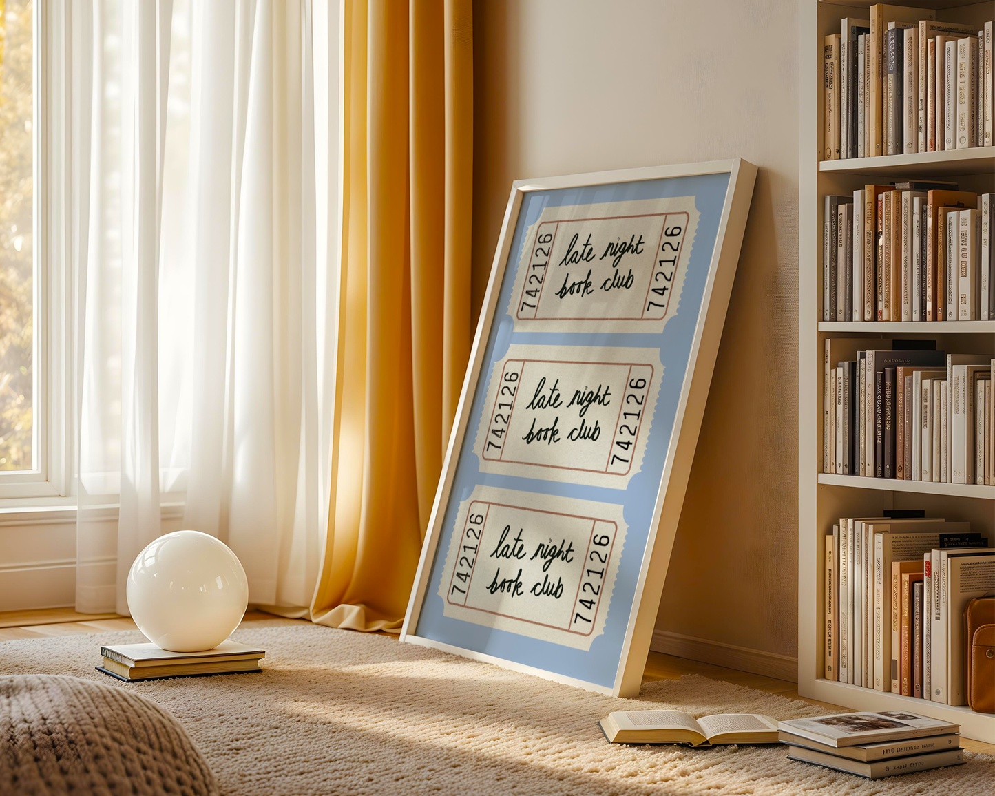 'Late Night Book Club' Ticket Print: Retro Blue Literary Wall Art