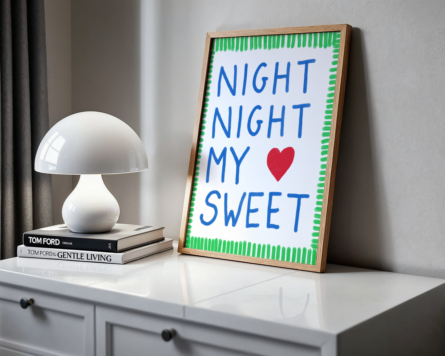 'Night Night My Sweet' Typography Art Print – Bold Nursery Wall Decor in Blue, Green & Red