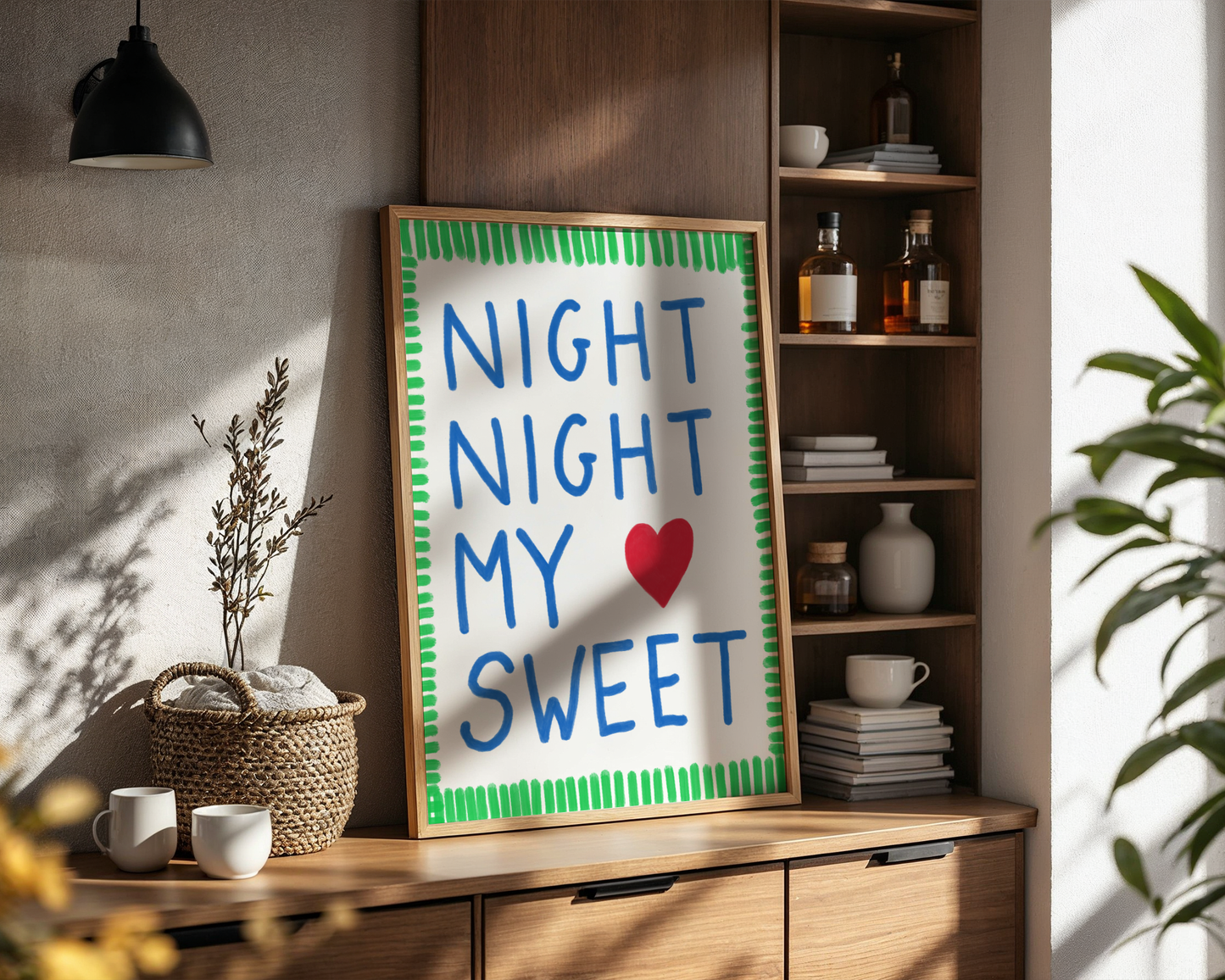 'Night Night My Sweet' Typography Art Print – Bold Nursery Wall Decor in Blue, Green & Red