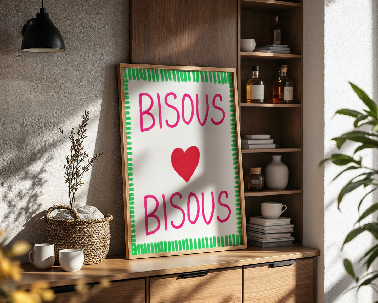 'Bisous Bisous' Typography Art Print – Bold French Kiss Wall Decor in Hot Pink & Grass Green