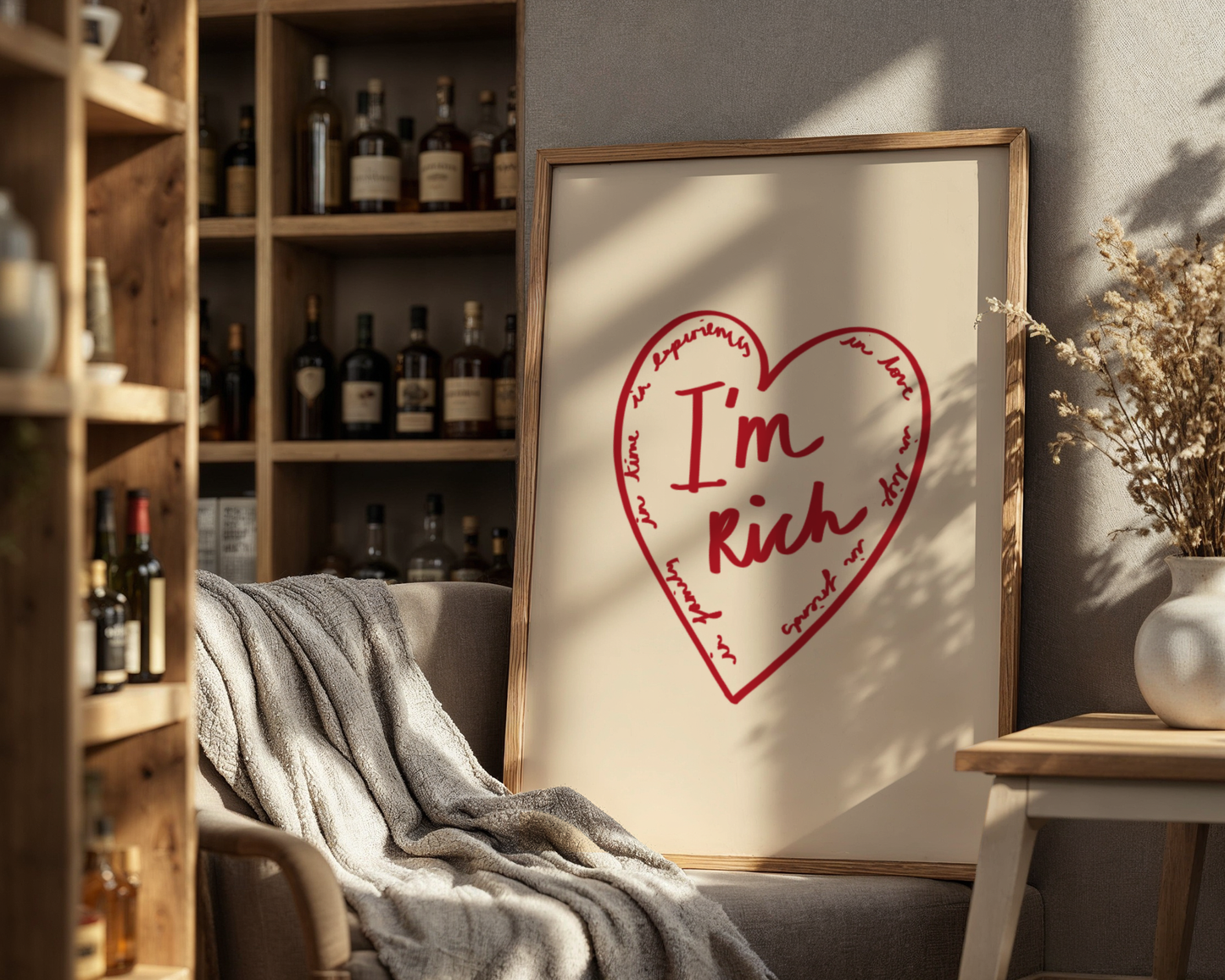 'I'm Rich' Heart Typography Art Print – Meaningful Minimalist Wall Decor in Red & Cream
