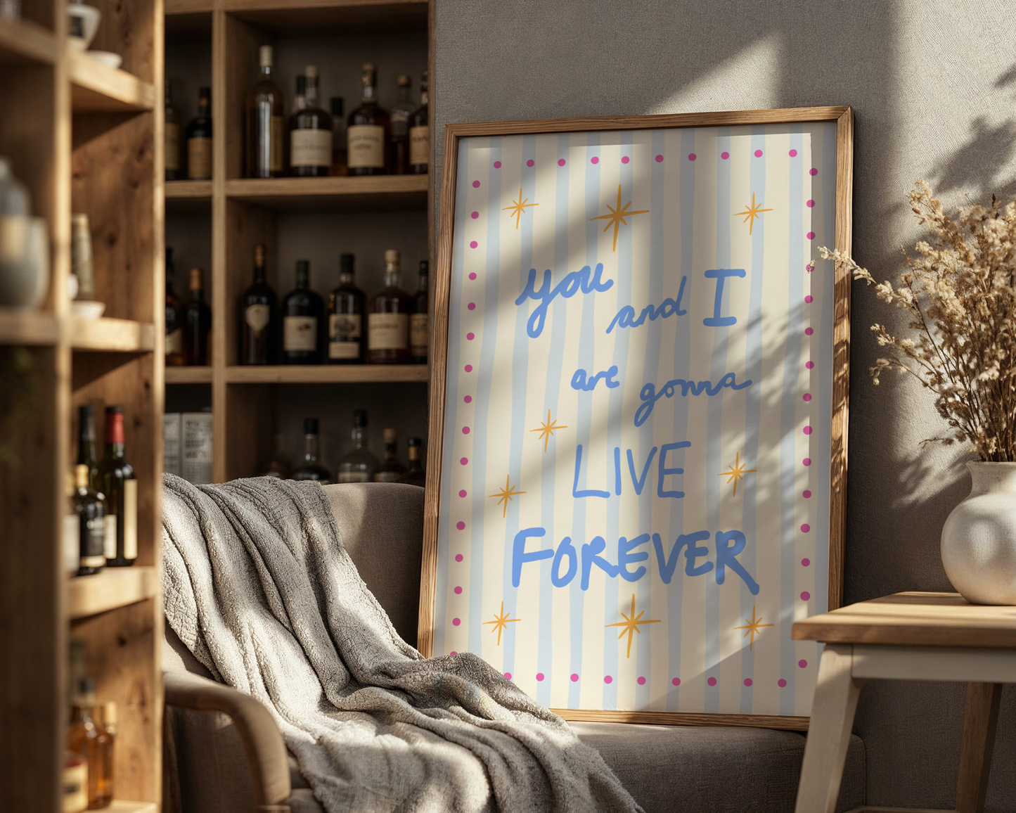 'You and I Are Gonna Live Forever' Typography Art Print – Oasis Inspired Retro Wall Decor in Blue & Cream