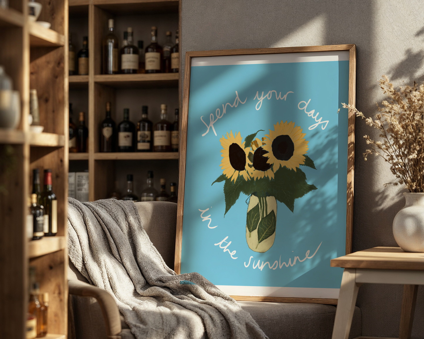 'Spend Your Days In The Sunshine' Art Print – Oasis Inspired Sunflower Wall Decor in Sky Blue & Yellow
