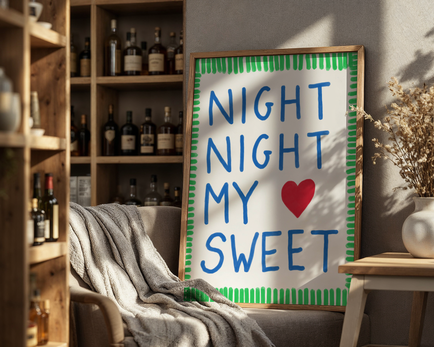 'Night Night My Sweet' Typography Art Print – Bold Nursery Wall Decor in Blue, Green & Red