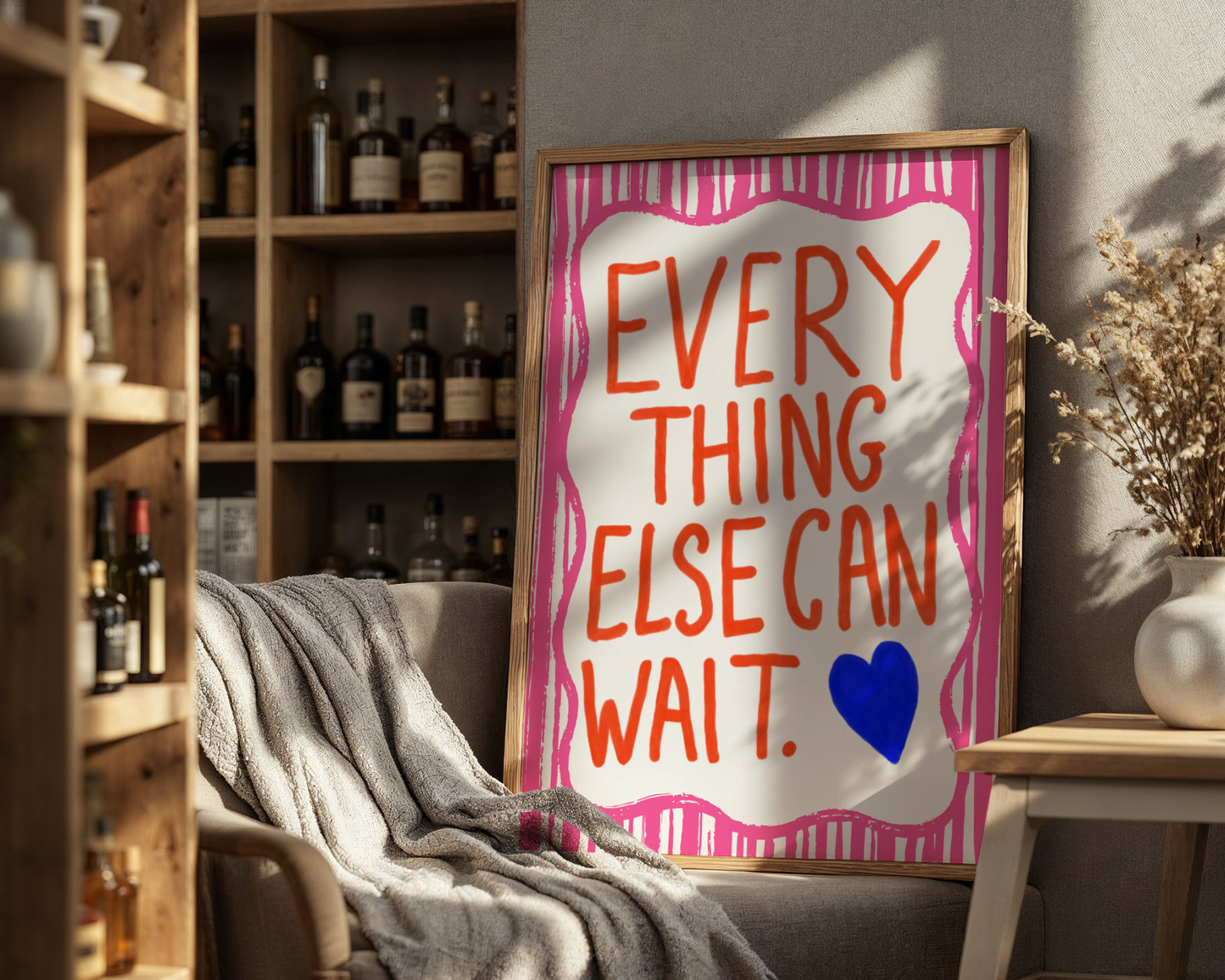 'Everything Else Can Wait' Typography Art Print – Bold Maximalist Wall Decor in Hot Pink, Orange & Cobalt
