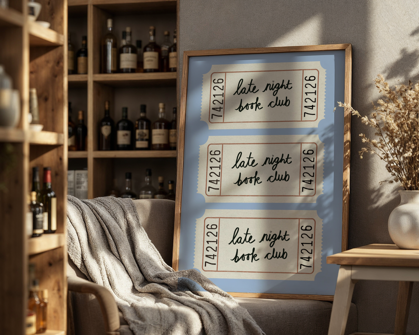 'Late Night Book Club' Ticket Print: Retro Blue Literary Wall Art