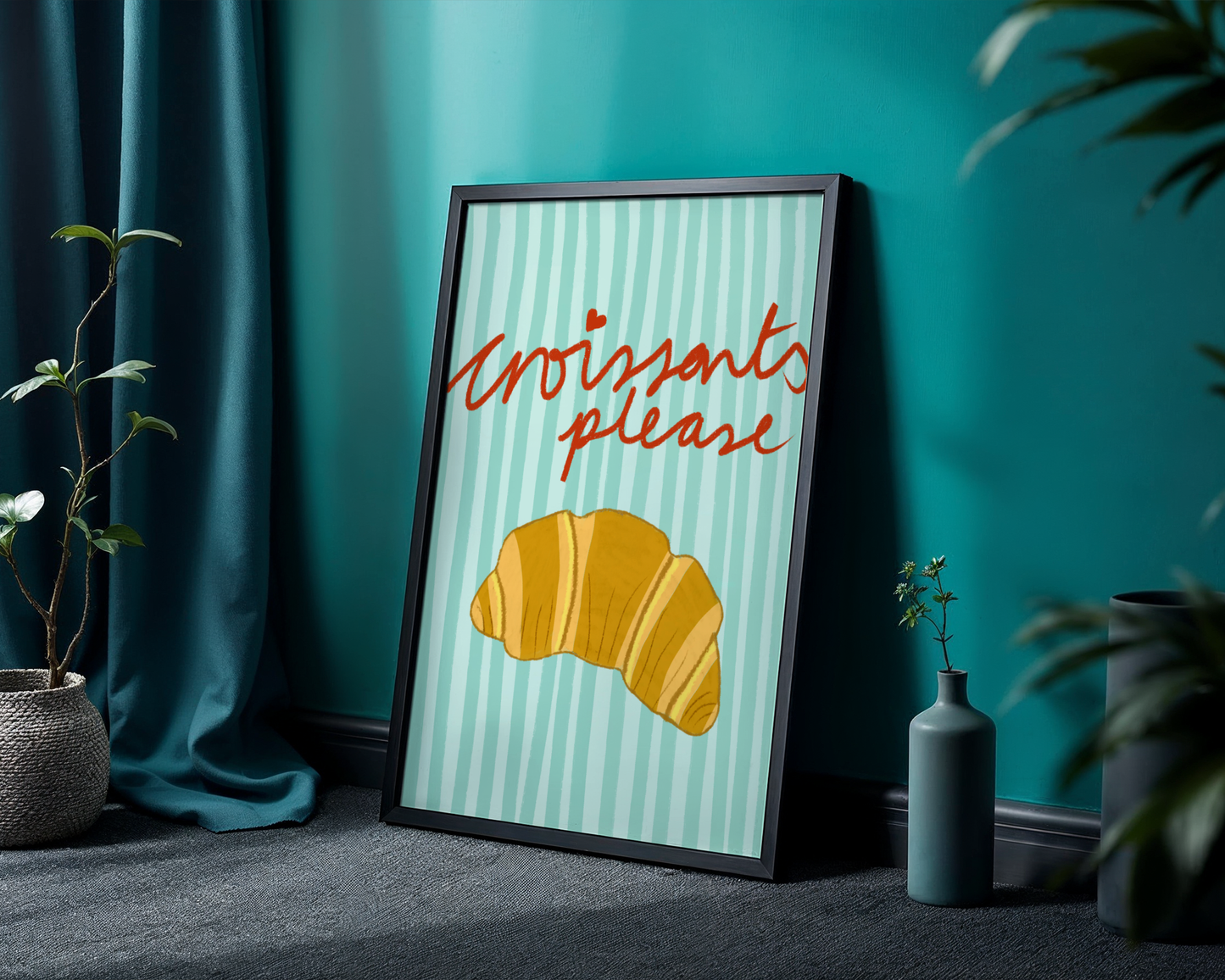 'Croissants Please' Art Print – Illustrated Kitchen Wall Decor in Mint Green & Golden Amber