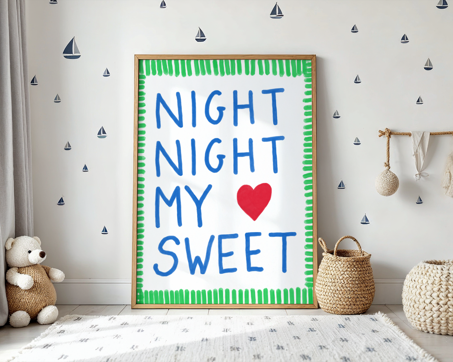 'Night Night My Sweet' Typography Art Print – Bold Nursery Wall Decor in Blue, Green & Red