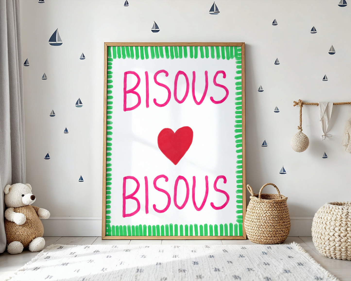 'Bisous Bisous' Typography Art Print – Bold French Kiss Wall Decor in Hot Pink & Grass Green