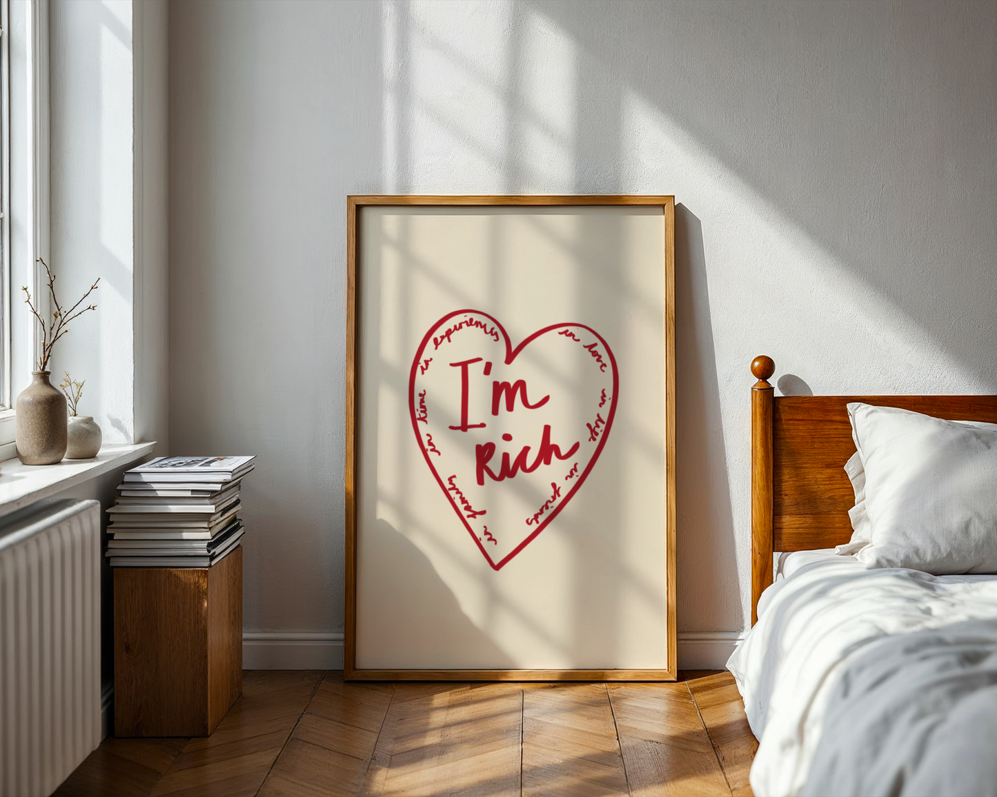 'I'm Rich' Heart Typography Art Print – Meaningful Minimalist Wall Decor in Red & Cream