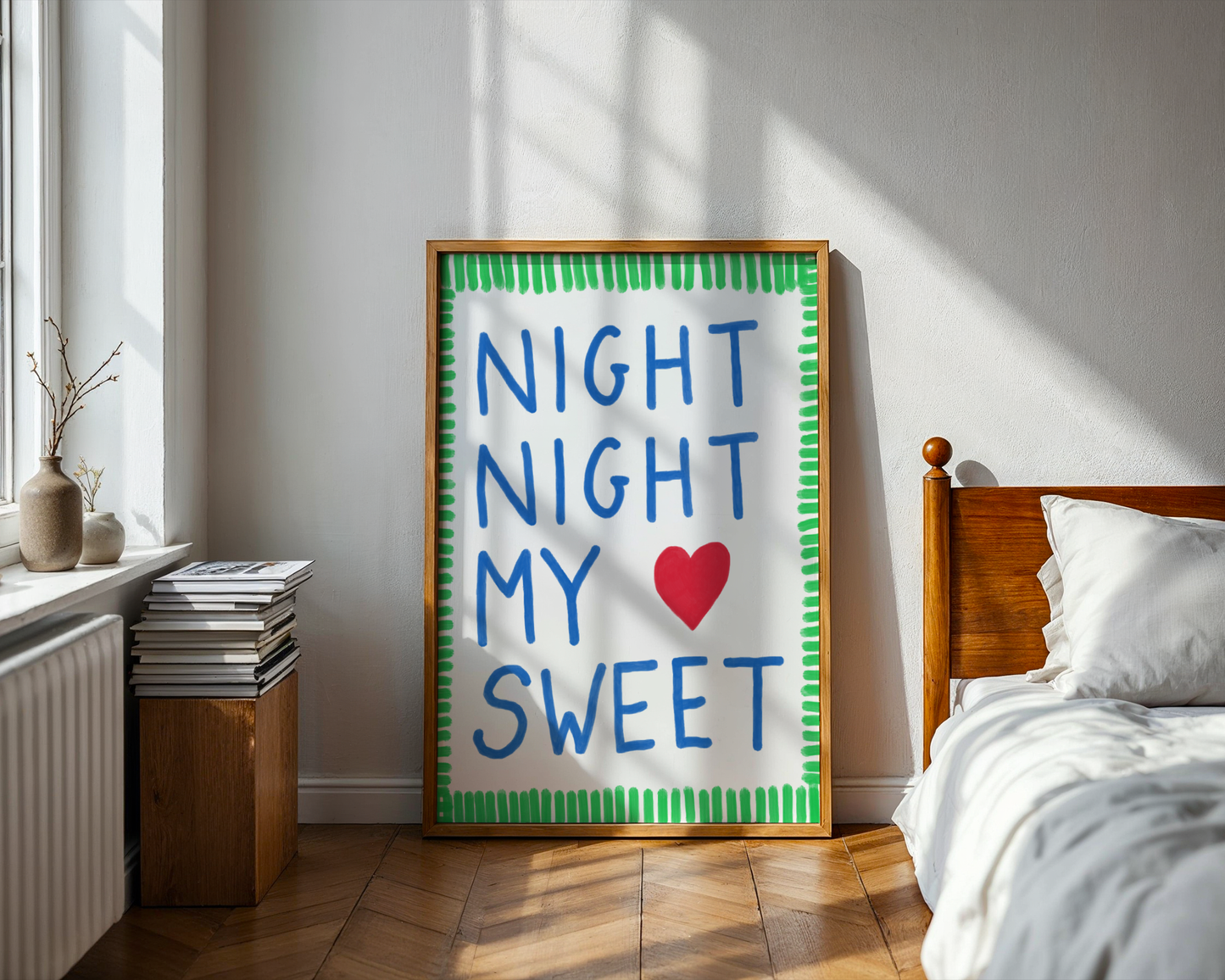 'Night Night My Sweet' Typography Art Print – Bold Nursery Wall Decor in Blue, Green & Red