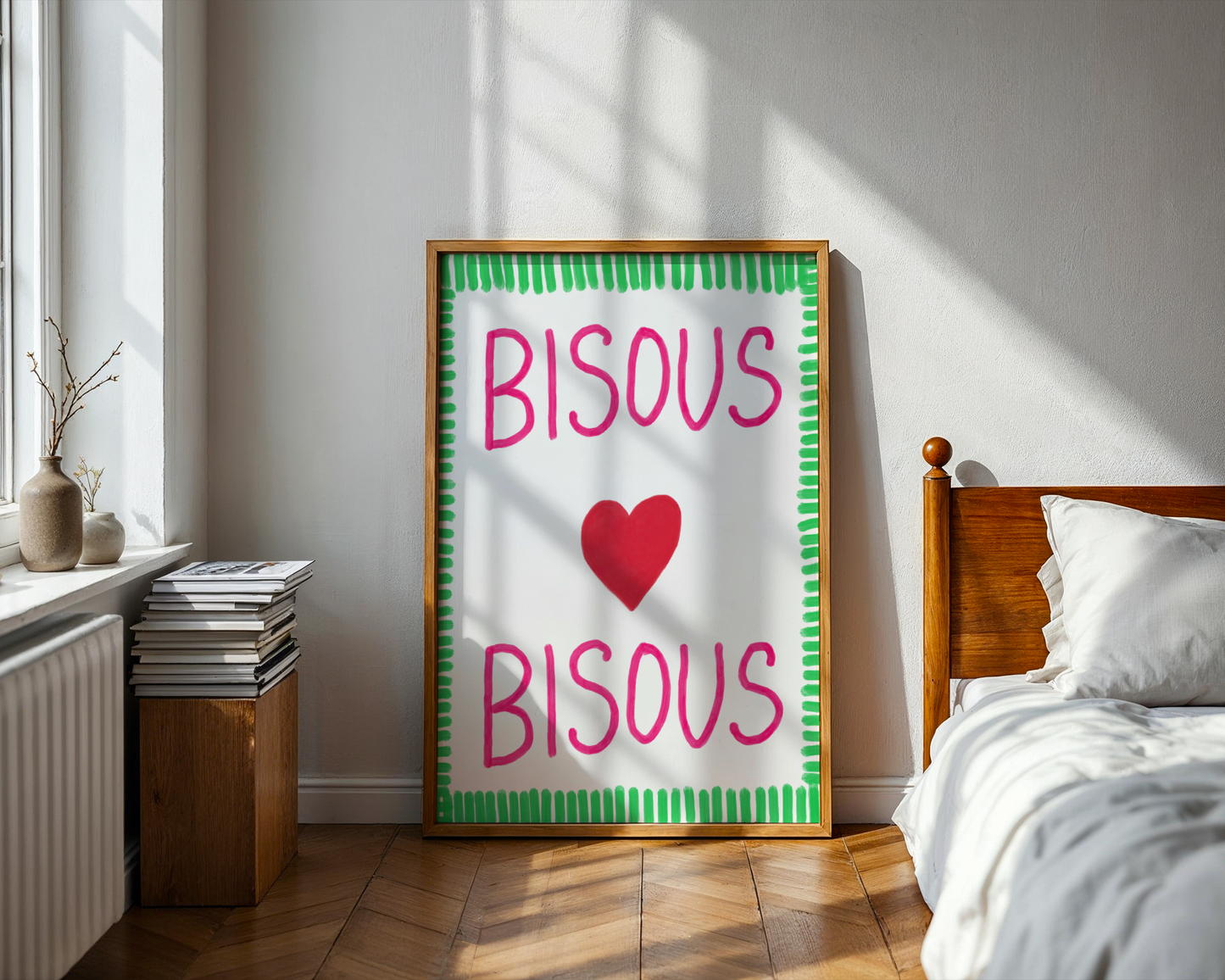 'Bisous Bisous' Typography Art Print – Bold French Kiss Wall Decor in Hot Pink & Grass Green