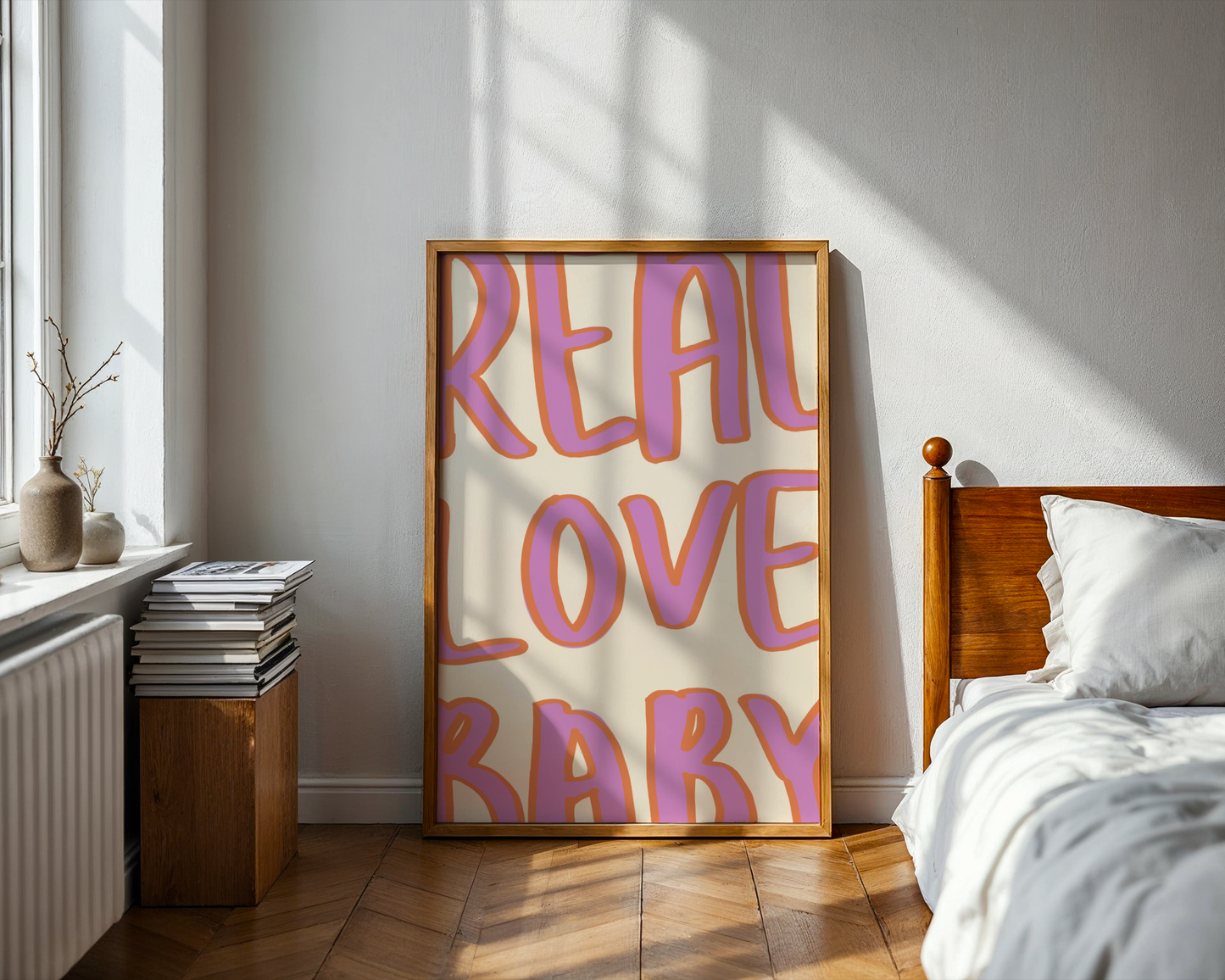 'Real Love Baby' Typography Art Print – Retro Bubble Letter Wall Decor in Lilac & Tangerine