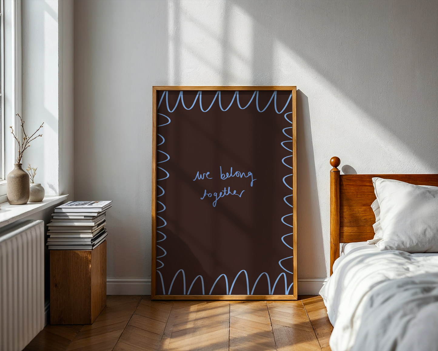 'We Belong Together' Typography Art Print – Romantic Dark Bedroom Wall Decor in Mocha & Blue
