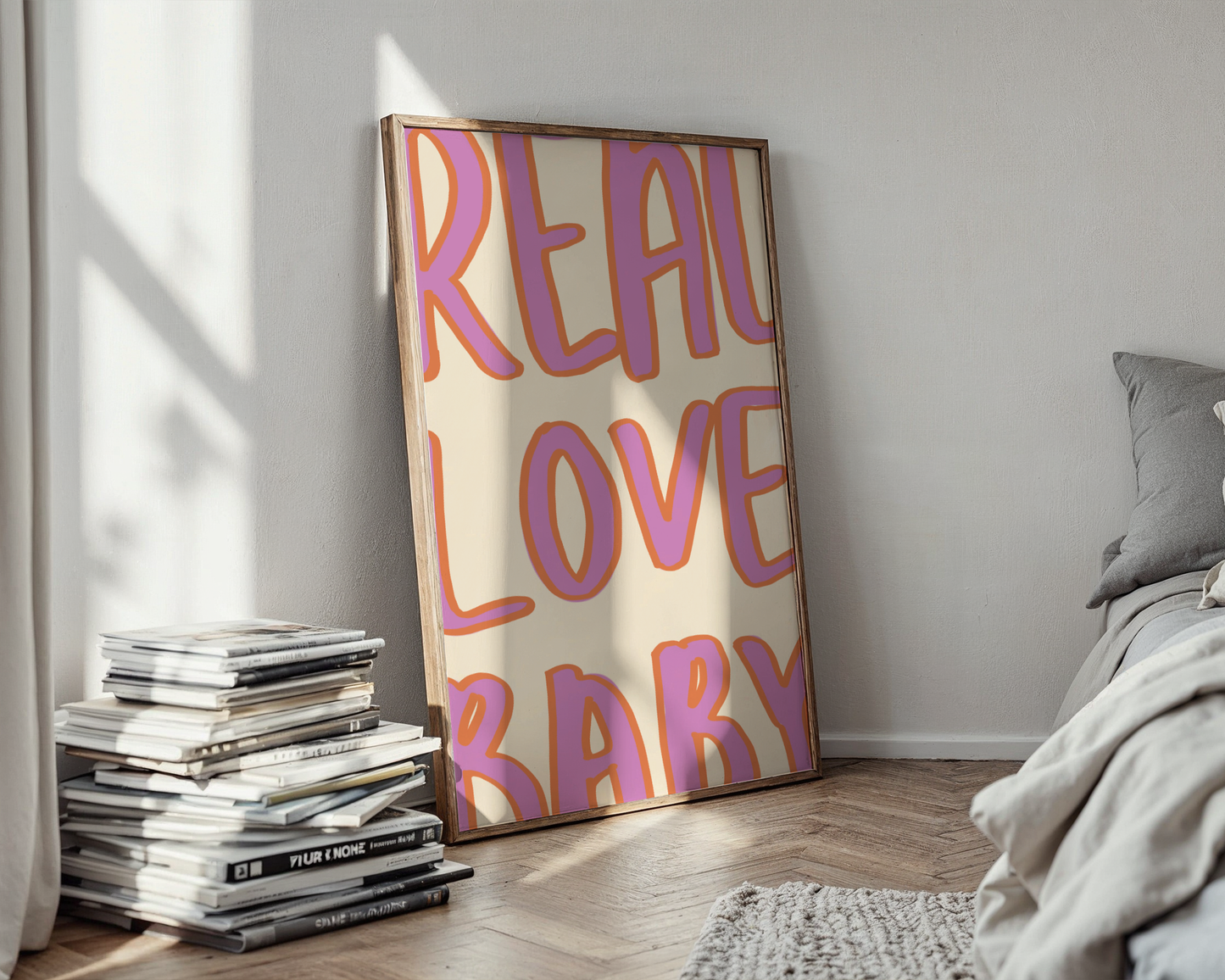 'Real Love Baby' Typography Art Print – Retro Bubble Letter Wall Decor in Lilac & Tangerine