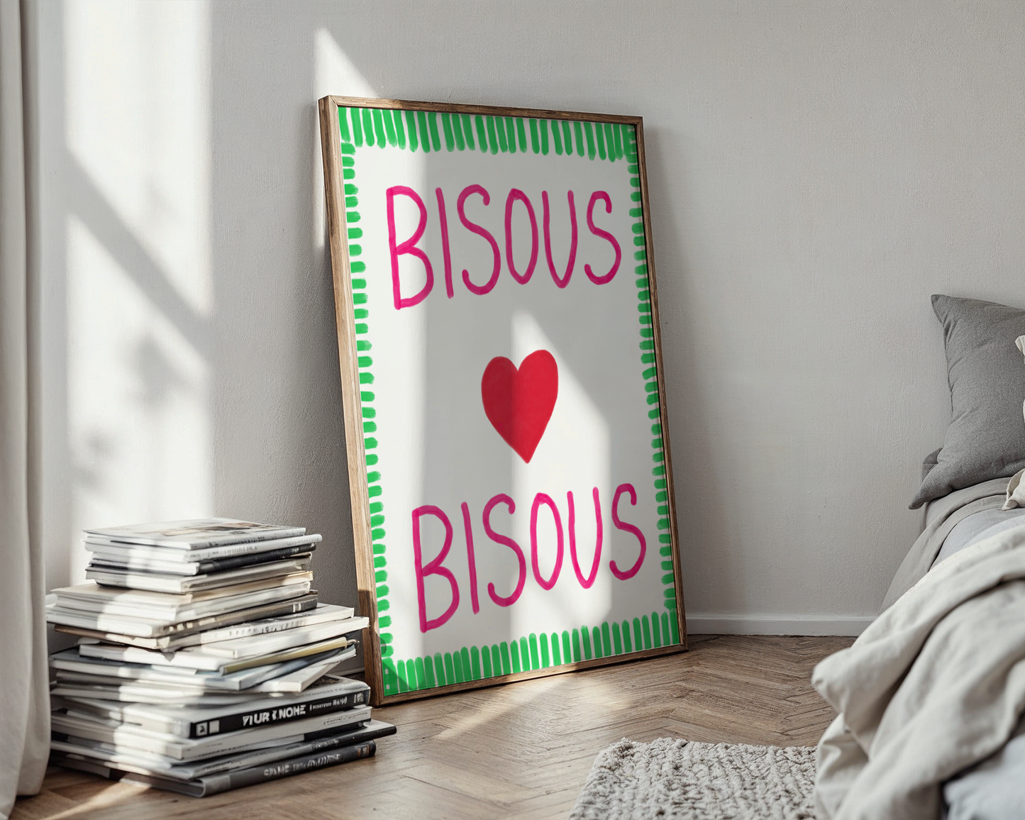 'Bisous Bisous' Typography Art Print – Bold French Kiss Wall Decor in Hot Pink & Grass Green