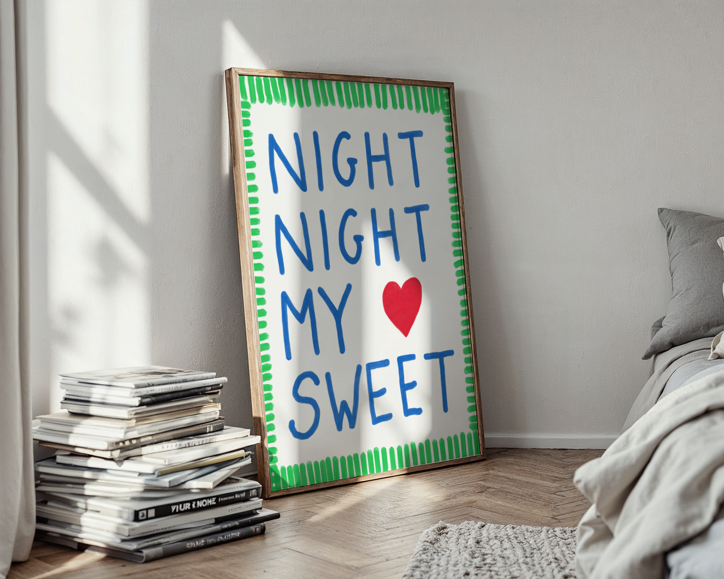 'Night Night My Sweet' Typography Art Print – Bold Nursery Wall Decor in Blue, Green & Red
